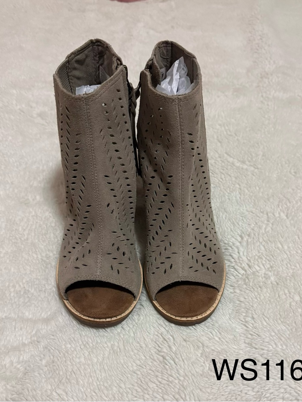 Toms Taupe Open-Toe Perforated Suede Bootie Mules